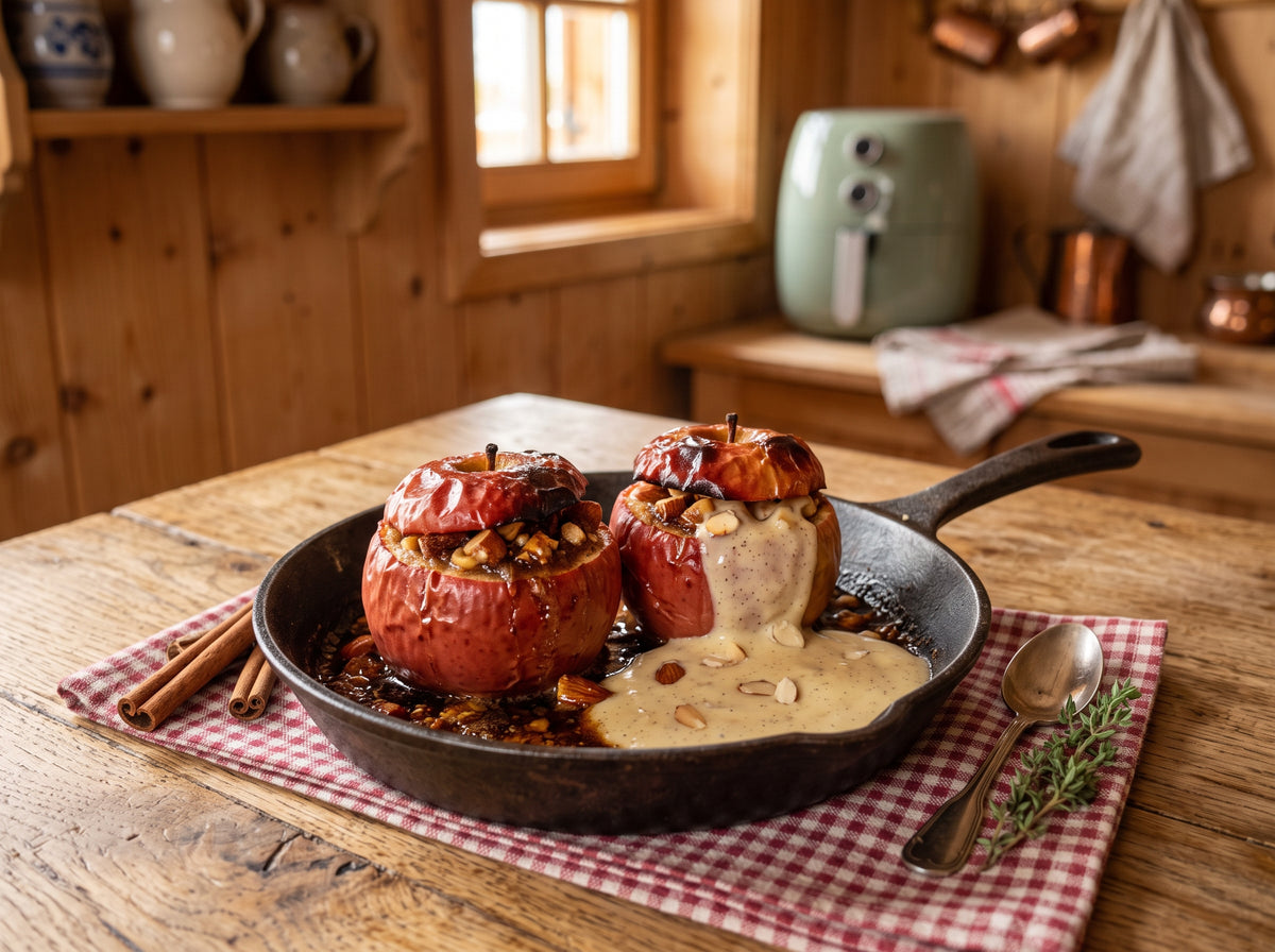 Bratäpfel mit Marzipan und Zimt aus dem Airfryer – angerichtet in einer Gusseisenpfanne, im Hintergrund eine Heißluftfritteuse