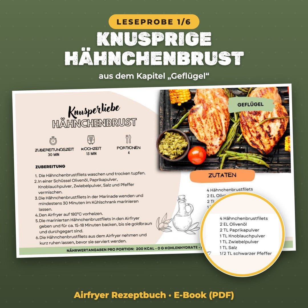 Leseprobe Airfryer Rezept knusprige Hähnchenbrust aus der Heißluftfritteuse