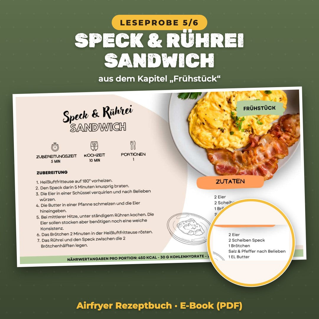 Leseprobe Airfryer Rezept Speck & Rührei Sandwich zum Frühstück
