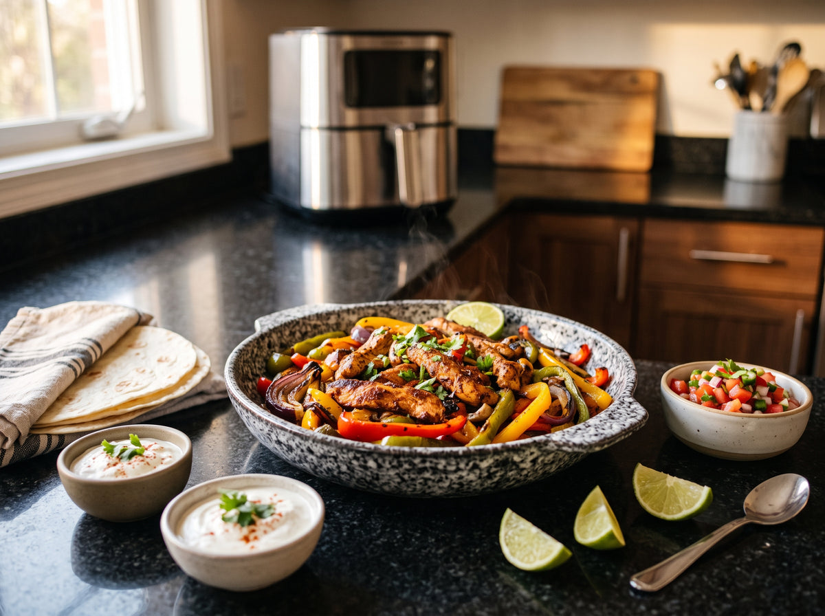 Hähnchen-Fajitas mit Paprika aus dem Airfryer – angerichtet in einer Keramikform, im Hintergrund eine Heißluftfritteuse