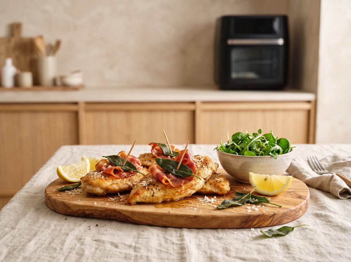 Hähnchen-Saltimbocca mit Salbei und Parmaschinken aus dem Airfryer – angerichtet auf einem Olivenholzbrett, im Hintergrund eine Heißluftfritteuse