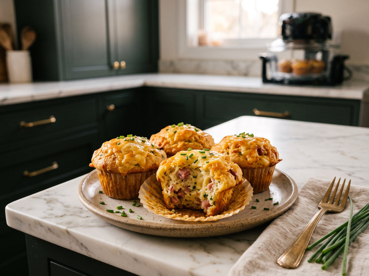 Fluffige Käse-Schinken-Muffins aus dem Airfryer – angerichtet auf einem Steingutteller, im Hintergrund eine Heißluftfritteuse