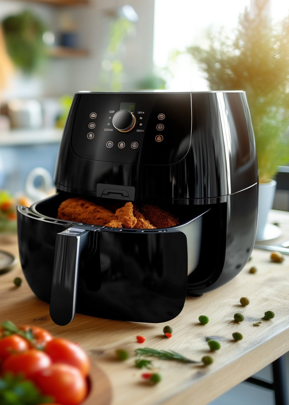 Schwarzer Airfryer mit geöffnetem Korb in heller Küche