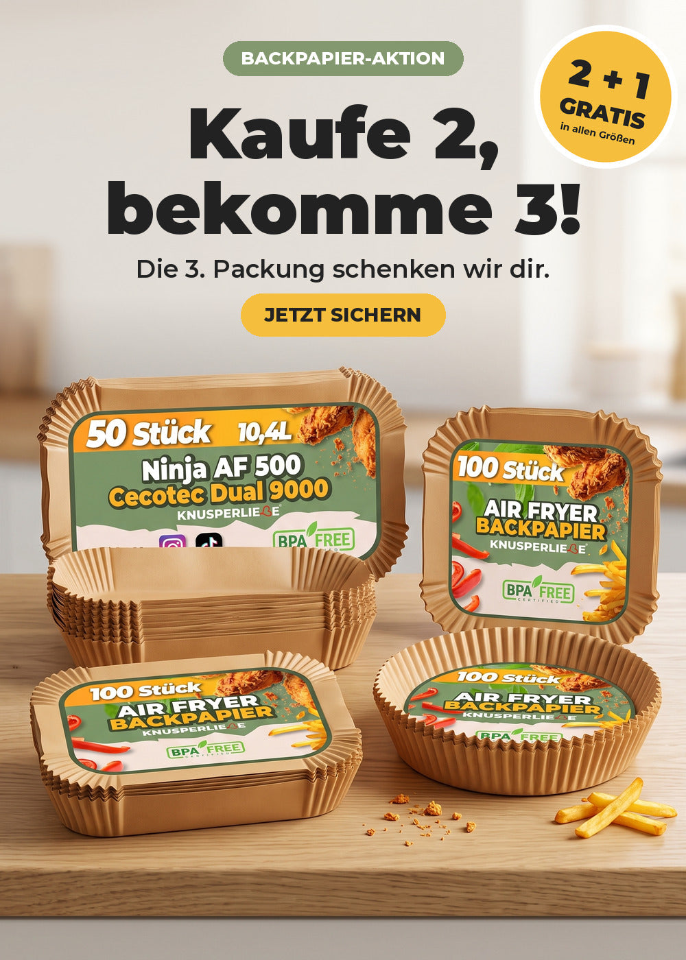 Backpapier-Aktion Kaufe 2, bekomme 3: alle vier KNUSPERLIEBE Airfryer-Backpapiere auf der Küchenarbeitsplatte