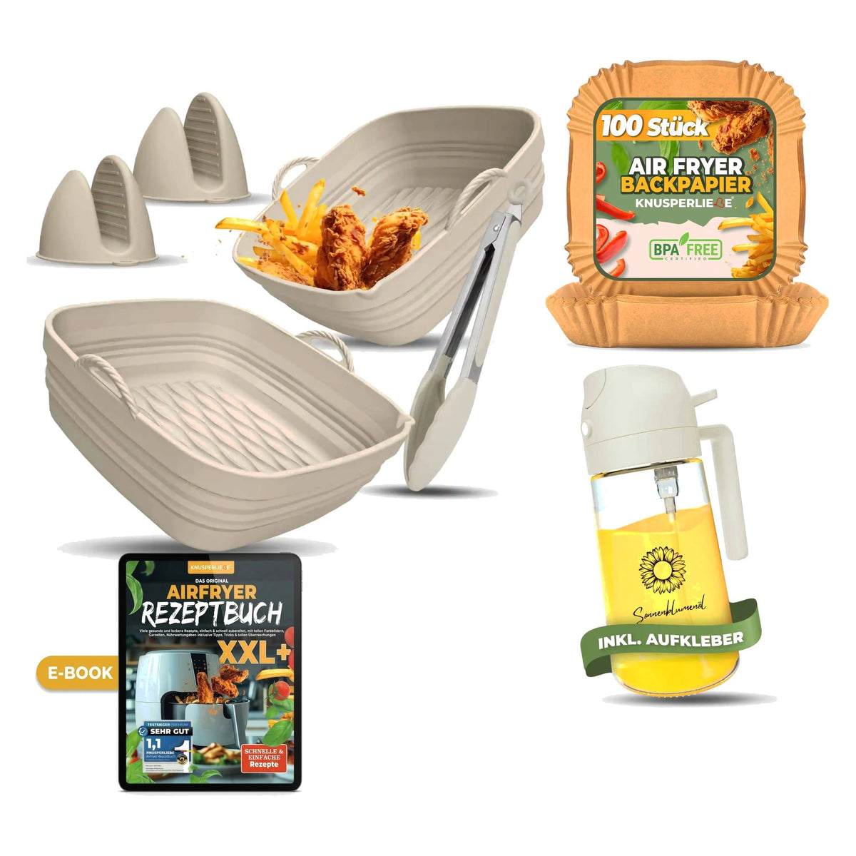 Komplett-Set für eckige Airfryer mit Silikonformen in Cashmere Flow und Ölsprüher Weiß