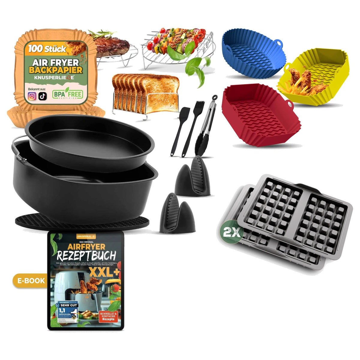 XXL Komplett-Set für eckige Airfryer: 16-teiliges Zubehör-Set, 3er Silikonformen, Waffeleinsatz und E-Book