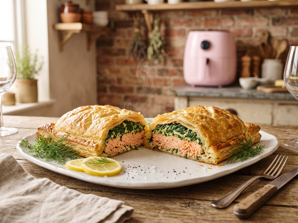 Lachs im Blätterteig mit Spinat aus dem Airfryer – angerichtet auf einer Porzellanplatte, im Hintergrund eine Heißluftfritteuse