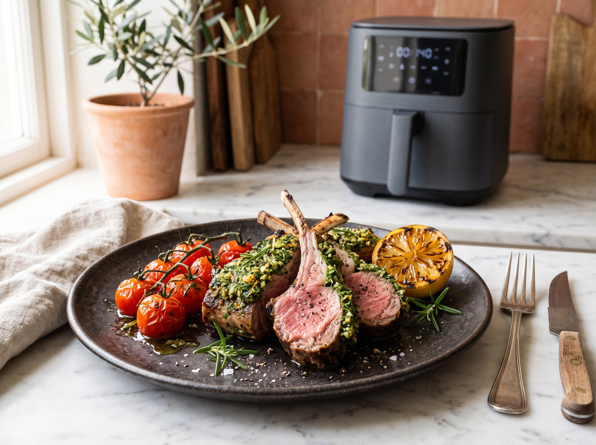 Saftige Lammkoteletts mit Kräuterkruste aus dem Airfryer – angerichtet auf einem dunklen Keramikteller, im Hintergrund eine Heißluftfritteuse