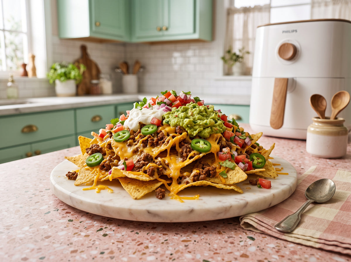 Loaded Nachos mit Hackfleisch und Käse aus dem Airfryer – angerichtet auf einer Marmorplatte, im Hintergrund eine Heißluftfritteuse