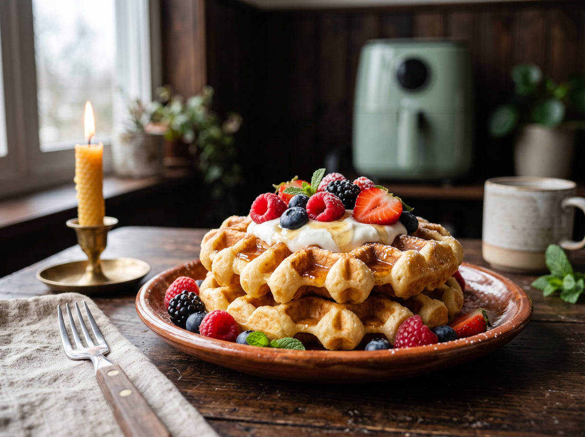 Protein-Quark-Waffeln mit Beeren und Joghurt aus dem Airfryer – angerichtet auf einem Terrakotta-Teller, im Hintergrund eine Heißluftfritteuse