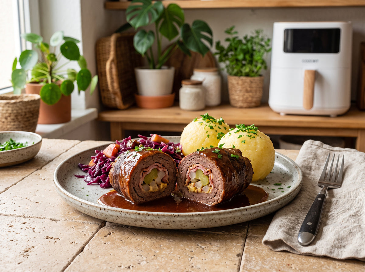 Rinderrouladen mit Rotkohl und Klößen aus dem Airfryer – angerichtet auf einem Keramikteller, im Hintergrund eine Heißluftfritteuse