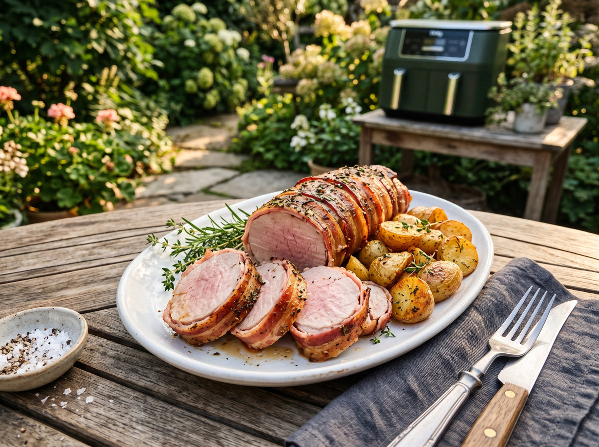 Schweinefilet im Speckmantel mit Kräuterkruste aus dem Airfryer – angerichtet auf einer Porzellanplatte, im Hintergrund eine Heißluftfritteuse