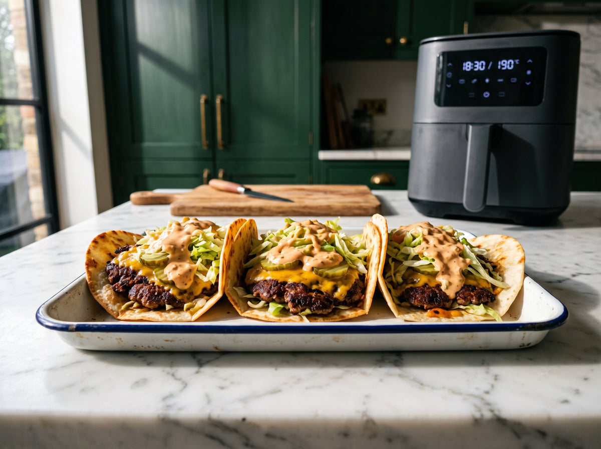 Smashed Burger Tacos aus dem Airfryer – angerichtet auf einem Emaille-Tablett, im Hintergrund eine Heißluftfritteuse