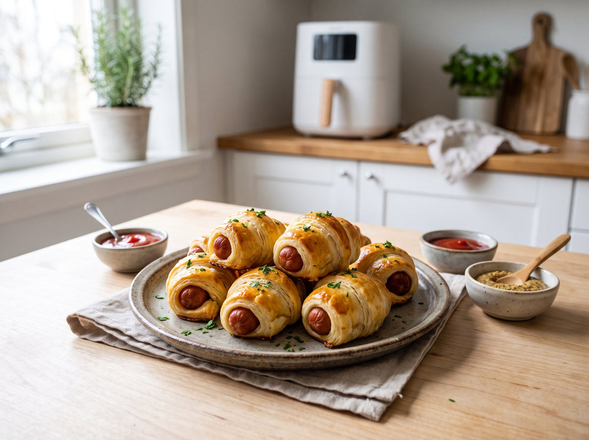 Knusprige Würstchen-Hörnchen mit Dips aus dem Airfryer – angerichtet auf einem Steingutteller, im Hintergrund eine Heißluftfritteuse